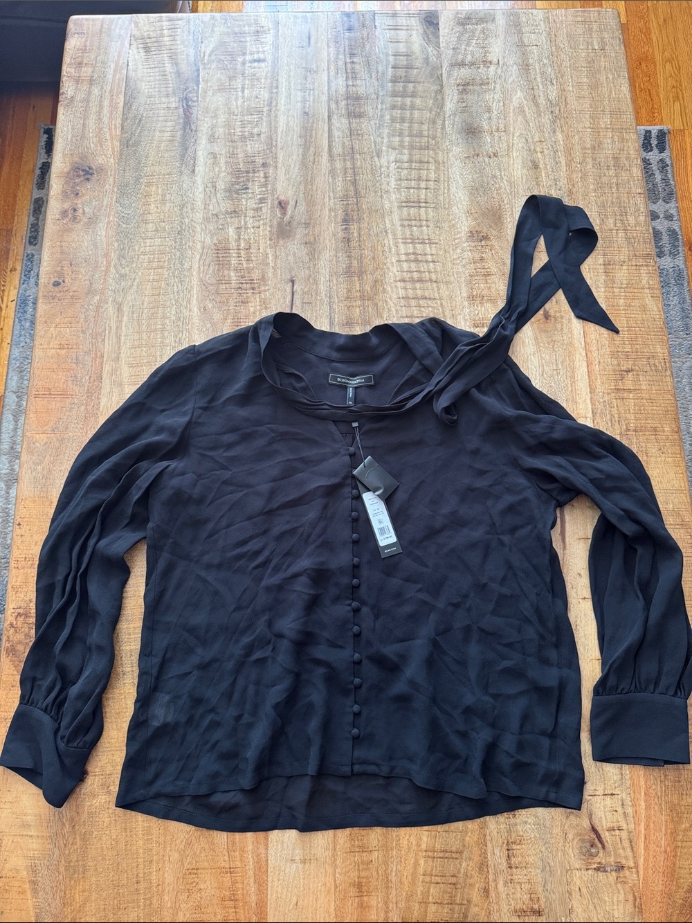 BCBG MAXAZRIA Black Women's Button-Front Tie-Neck Blouse - SEMI sheer NWT XL